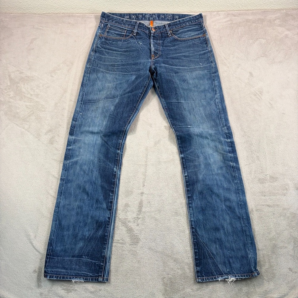 Vintage Earnest Sewn Selvedge Denim Jeans Men 36x34 Blue Distressed Wash USA